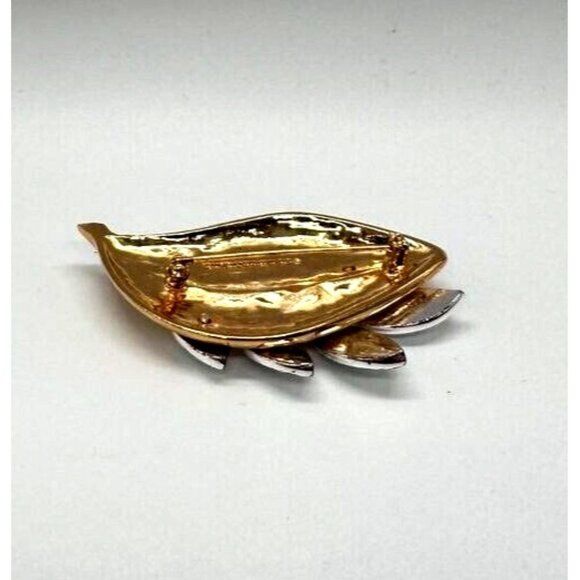 Liz Claiborne Brooch Leaves Silver Gold Two Tone Double Leaf Pin Signed - Picture 6 of 9